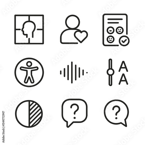 Empathy & Wellness Icons. Outline icon set of UX empathy features: empathy map, user avatar with heart, feedback form, sentiment
