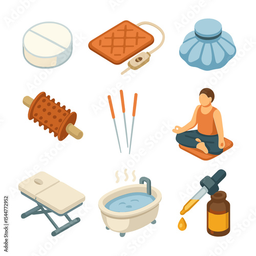Pain Relief Icons. Isometric Flat icon set of pain relief methods: painkiller pill, heating pad, ice pack, massage roller,