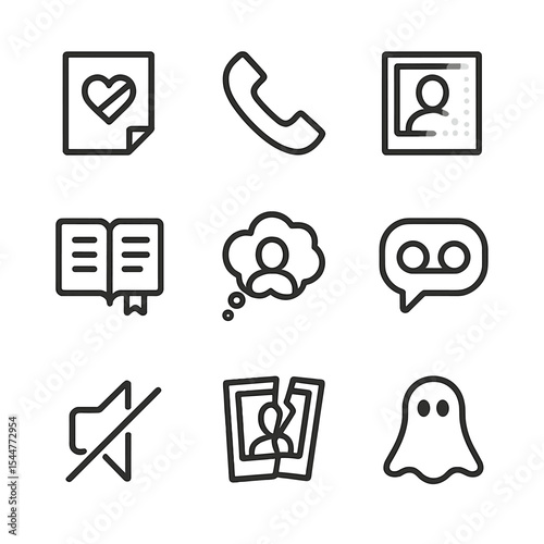 Emotional Trigger Icons. Outline icon set of emotional triggers: breakup letter, phone call icon, fading photograph, diary page,