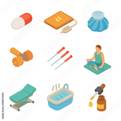 Pain Relief Icons. Isometric Flat icon set of pain relief methods: painkiller pill, heating pad, ice pack, massage roller,