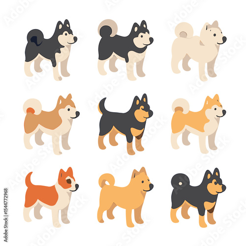 Isometric Sled Dog Icons. Isometric Flat icon set of sled dog breeds: Siberian Husky, Alaskan Malamute, Samoyed, Greenland Dog,