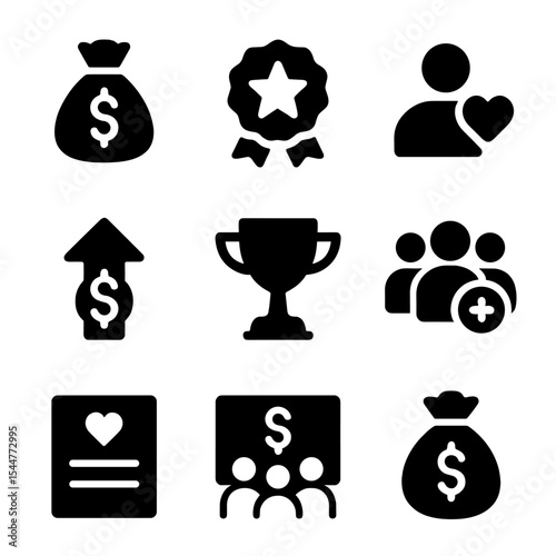 Incentive Icons Collection. Solid, filled icons set of staff incentive programs