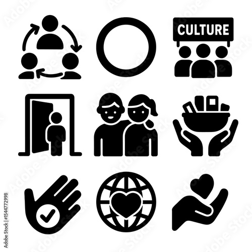 Inclusive Classroom Icons. Solid, filled icons set of inclusive classroom practices: diversity symbol, open