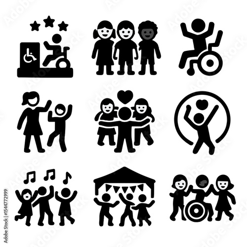 Inclusive Dance Icons. Solid, filled icons set of inclusive dance spaces for children