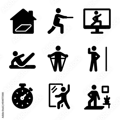 Indoor Fitness Icons. Solid, filled icons set of indoor fitness routines with stretching: home mat icon,