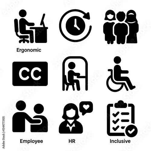 Inclusive Workspace Icons. Solid, filled icons set of safe and inclusive workspaces: ergonomic desk, flexible