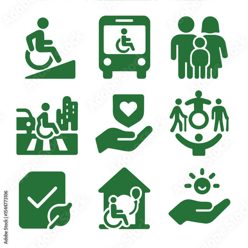 Inclusive Mobility Icons. Solid, filled icons set of inclusive green mobility