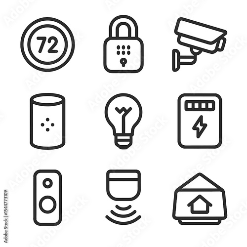 Smart Home Icon Set. Outline icon set of smart home: thermostat, smart lock, security camera, voice assistant, smart bulb, energy