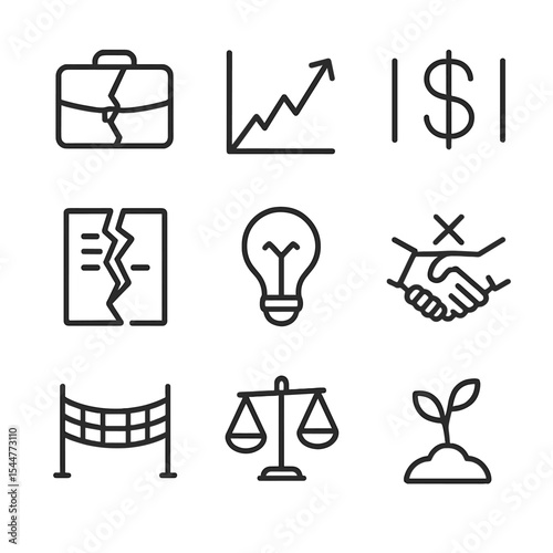 Entrepreneurial Challenge Icons. Outline icon set of entrepreneurship obstacles: briefcase crack, steep graph, dollar sign barrier