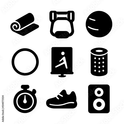 Indoor Fitness Icons. Solid, filled icons set of indoor activity games: yoga mat, resistance band, balance