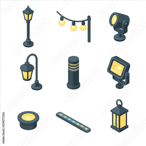 Park Lighting Icons. Isometric Flat icon set of park lighting fixtures: lamp post, string lights, spotlight, solar lantern,