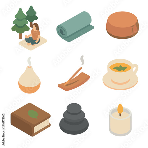 Environmental Rituals Icons. Isometric Flat icon set of environmental beauty rituals: forest bath scene, yoga mat roll, meditation