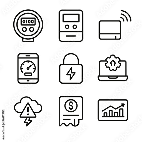 Smart Metering Icons. Outline icon set of smart metering infrastructure: advanced meter, data concentrator, RF module, meter