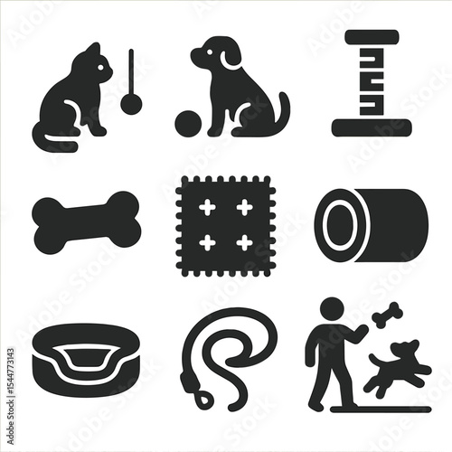 Indoor Pet Play Icons. Solid, filled icons set of indoor pet play: cat with toy, dog with ball, scratching post, treat icon, cozy rug, pet tunnel, pet bed, leash, pet play.