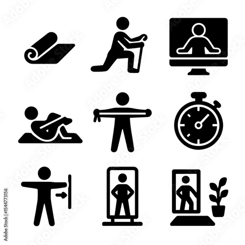 Indoor Fitness Icons. Solid, filled icons set of indoor fitness routines with stretching: home mat icon,
