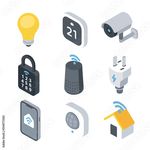 Smart Home Icon Set. Isometric Flat icon set of smart home control: light bulb, thermostat, security camera, smart lock, speaker,