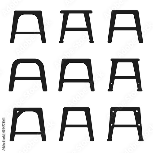 Industrial Chair Icons. Solid, filled icons set of industrial chair legs: raw metal, welded steel, matte black