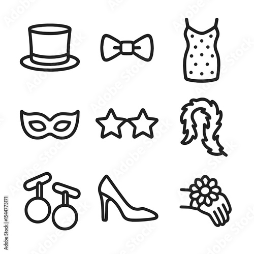 Party Outfit Icons. Outline icon set of party attire and accessories: top hat, bow tie, sequin dress, party mask, glitter glasses,