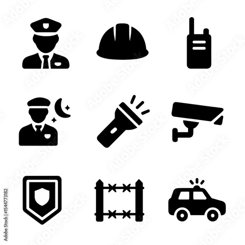 Industrial Security Icons. Solid, filled icons set of industrial site patrols: guard icon, hard hat, radio, night patrol, flashlight, CCTV camera, security sign, perimeter icon, patrol vehicle.