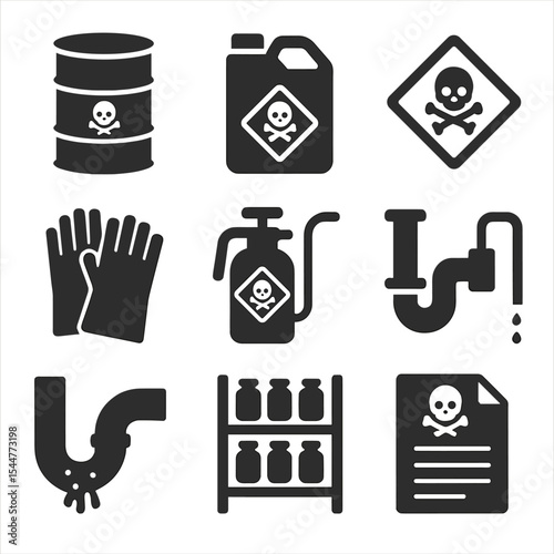 Industrial Cleaning Icons. Solid, filled icons set of industrial cleaning chemicals: barrel, chemical jug,