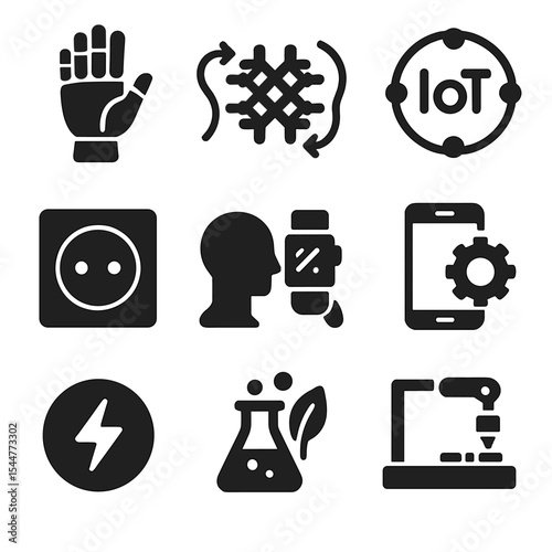 Innovative Tech Icons. Solid, filled icons set of prosthetic innovation and future tech: futuristic hand,