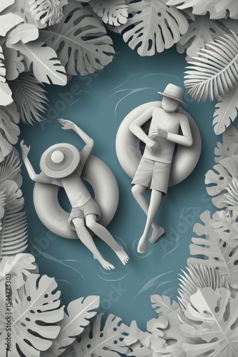 Two stylized figures float on inner tubes in a tranquil setting, surrounded by lush tropical leaves. The scene is simplified and monochromatic, creating a serene and artistic atmosphere.