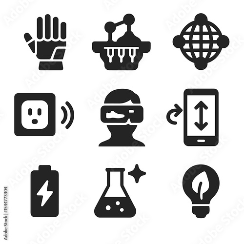 Innovative Tech Icons. Solid, filled icons set of prosthetic innovation and future tech: futuristic hand,