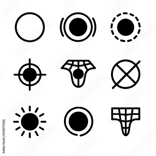 Event Horizon Icons. Outline icon set of event horizons: dark sphere, light bending arcs, photon sphere, boundary marker, warped