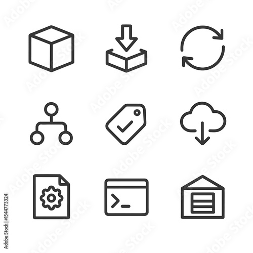 Software Package Icons. Outline icon set of software package management: package box, install arrow, update loop, dependency tree,