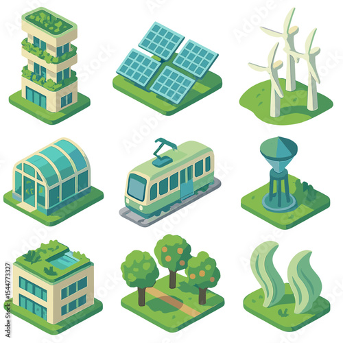 Solarpunk Eco-City Icons. Isometric Flat icon set of solarpunk eco-city utopia: vertical gardens, solar panels, wind turbines,