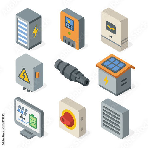 Solar Battery Icon Set. Isometric Flat icon set of battery storage and solar roof integration: lithium-ion battery pack, charge