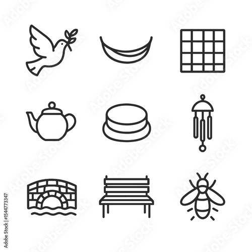 Peaceful Settlement Icons. Outline icon set of peaceful settlement in the Promised Land: dove with olive branch, hammock, picnic