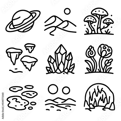 Extraterrestrial Planetscape Icons. Outline icon set of extraterrestrial planetscapes: rings of gas giant, alien desert dunes,
