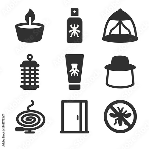 Insect Protection Icons. Solid, filled icons set of outdoor insect protection: citronella candle, bug spray