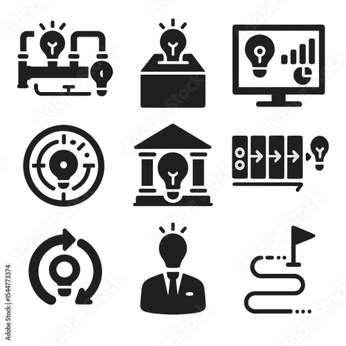 Innovation Icons Grid. Solid, filled icons set of innovation management: idea pipeline, suggestion box,