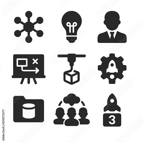 Innovation Hub Icons. Solid, filled icons set of innovation hubs: hub network, creative bulb, entrepreneur