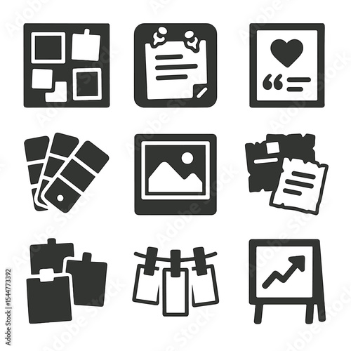 Inspiration Wall Icons. Solid, filled icons set of inspiration wall setup: collage, thumbtack board, favorite