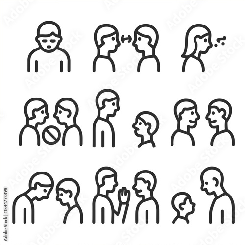 Eye Contact Icons. Outline icon set of cultural eye contact norms: respectful downward gaze, direct stare, fleeting glance,