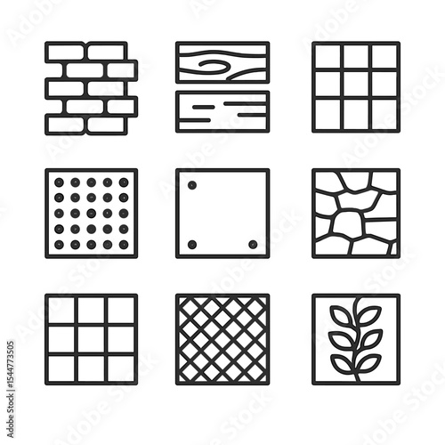 Façade Texture Icons. Outline icon set of façade textures and materials: exposed brick wall, wooden cladding plank, glass curtain