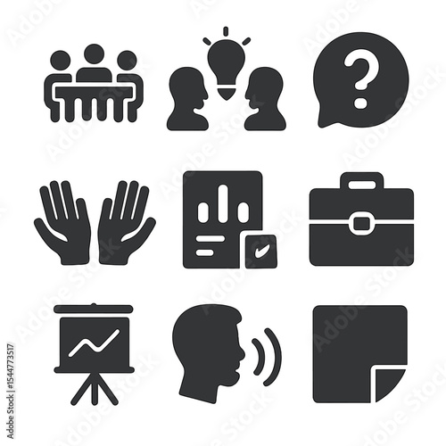 Interactive Workshop Icons. Solid, filled icons set of interactive workshops: workshop table, idea exchange,
