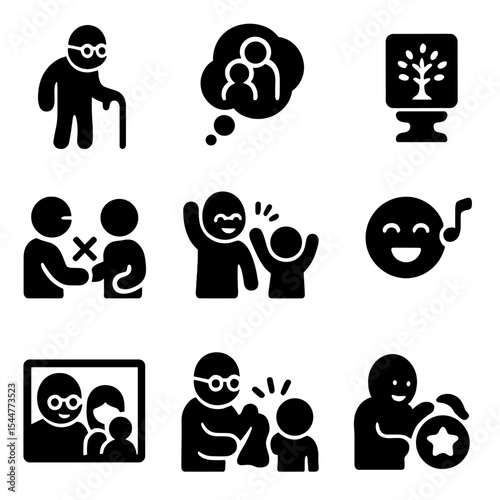 Intergenerational Family Icons. Solid, filled icons set of intergenerational family fun: grandparent icon,