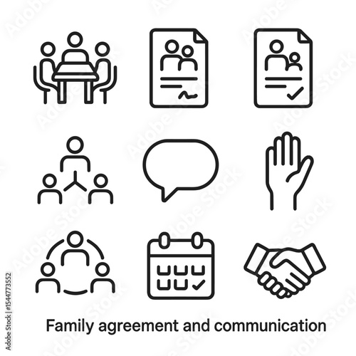 Family Icons Grid. Outline icon set of family agreement and communication: meeting table, agreement document, signed contract,