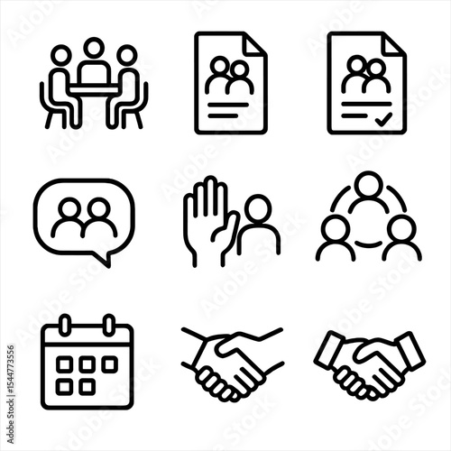 Family Icons Grid. Outline icon set of family agreement and communication: meeting table, agreement document, signed contract,