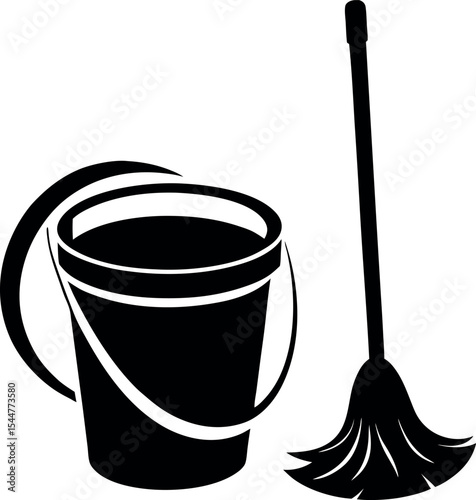 A Simple Illustration of a Bucket a Mop Vector Silhouette
