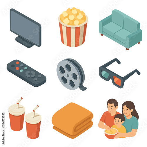 Family Movie Night Icons. Isometric Flat icon set of family movie night: television screen, popcorn bucket, sofa couch, remote