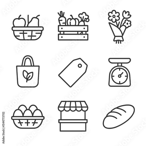 Farmers Market Icons. Outline icon set of farmers market visits: fruit basket, vegetable crate, flower bouquet, reusable bag,