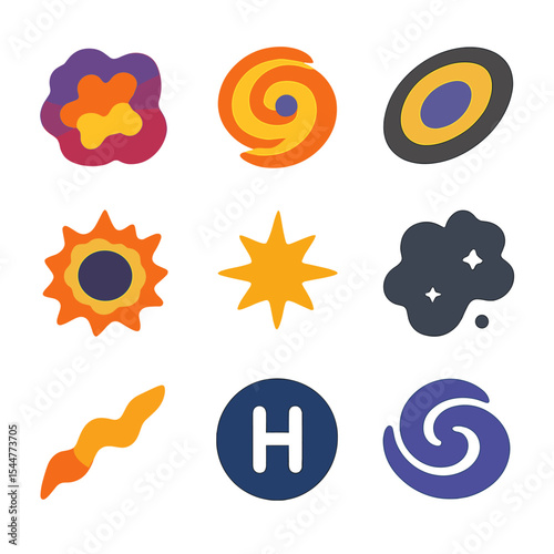 Interstellar Icons Grid. Solid, filled icons set of interstellar nebulae and remnants: colorful cloud, gas