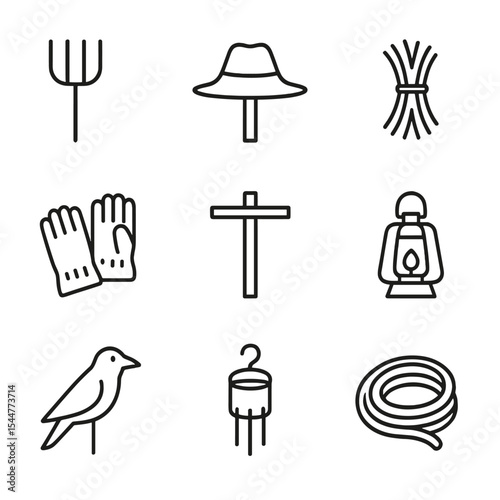 Farm Scarecrow Icon Set. Outline icon set of farm scarecrow tools: pitchfork, scarecrow hat, straw bundle, old gloves, wooden post