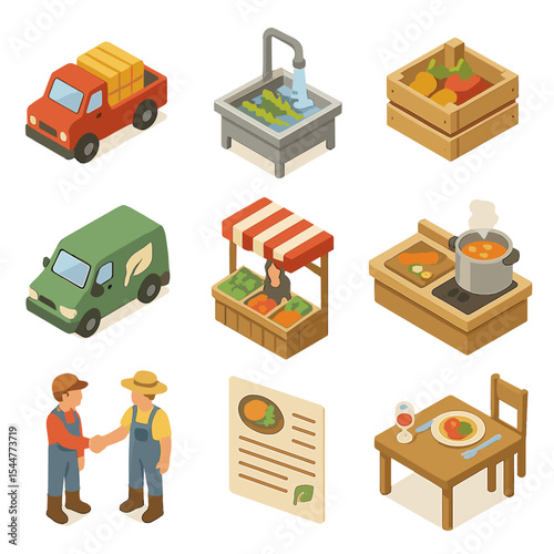 Farm-to-Table Icons. Isometric Flat icon set of farm-to-table process: farm pickup, washing station, packing crate, delivery van,