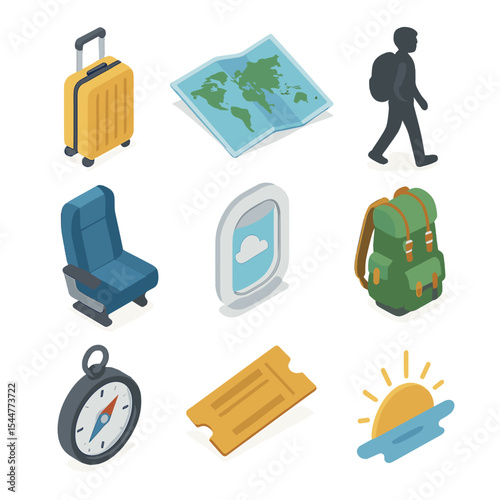 Solo Travel Icons. Isometric Flat icon set of journeying alone: rolling suitcase, world map, solo traveler silhouette, train seat,